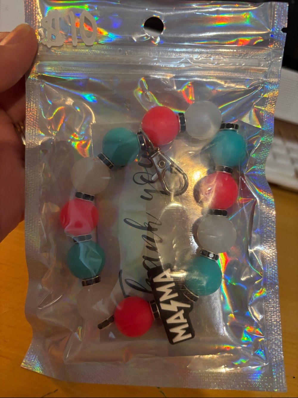 Colorblock Beaded Keychain Bracelet - Turquoise, Pink & Frosted White